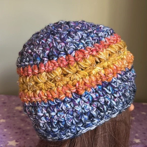 Colorful Knit Beanie with Blue Flower Accent medium soft acrylic yarn new - Picture 4 of 10